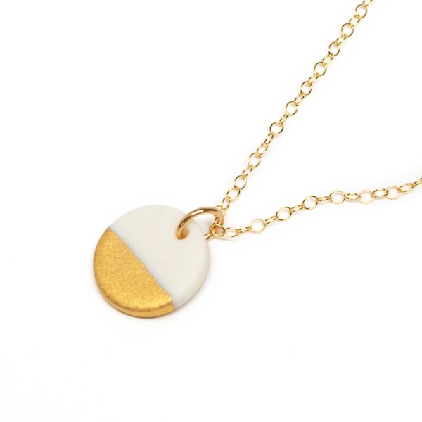 small circle necklace, gold dipped porcelain necklace, handmade porcelain necklace in matte finish and gold dipped, 14k gold filled chain