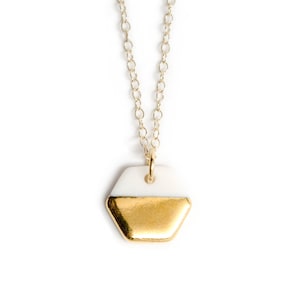 tiny porcelain hexagon necklace, gold dipped image 1