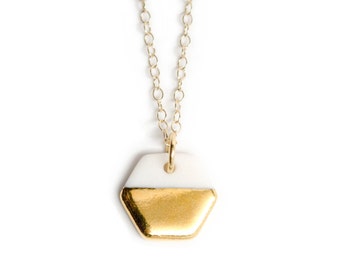 tiny porcelain hexagon necklace, gold dipped