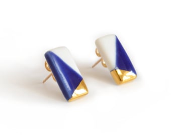 tiny rectangle studs in blue and gold, modern porcelain earrings, stud earrings in gold