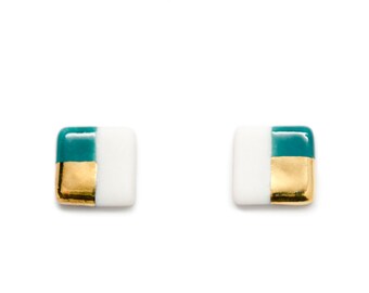 tiny square studs in teal and gold, modern porcelain earrings, square stud earrings