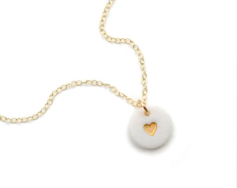 tiny porcelain necklace, white porcelain heart necklace, tiny heart with love