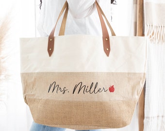 Teacher Canvas Tote Bag, Personalized Teacher Bag, Teacher Appreciation Gifts, Personalized Gift for Teacher Christmas