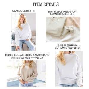 May include: A white and beige crewneck sweatshirt featuring a classic unisex fit, soft fleece interior, and 8 oz preshrunk cotton and polyester fabric. The garment includes a ribbed collar, cuffs, and waistband with double needle stitching.