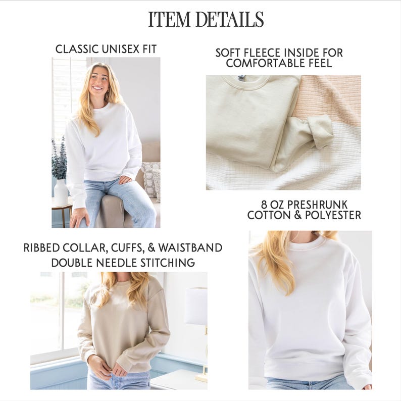 May include: A white and beige crewneck sweatshirt featuring a classic unisex fit, soft fleece interior, and 8 oz preshrunk cotton and polyester fabric. The garment includes a ribbed collar, cuffs, and waistband with double needle stitching.