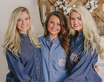 Bridesmaid Monogrammed Denim Shirt ~ Chambray Button Down ~ Bridesmaid Gift ~ Bride Getting Ready Shirt a3