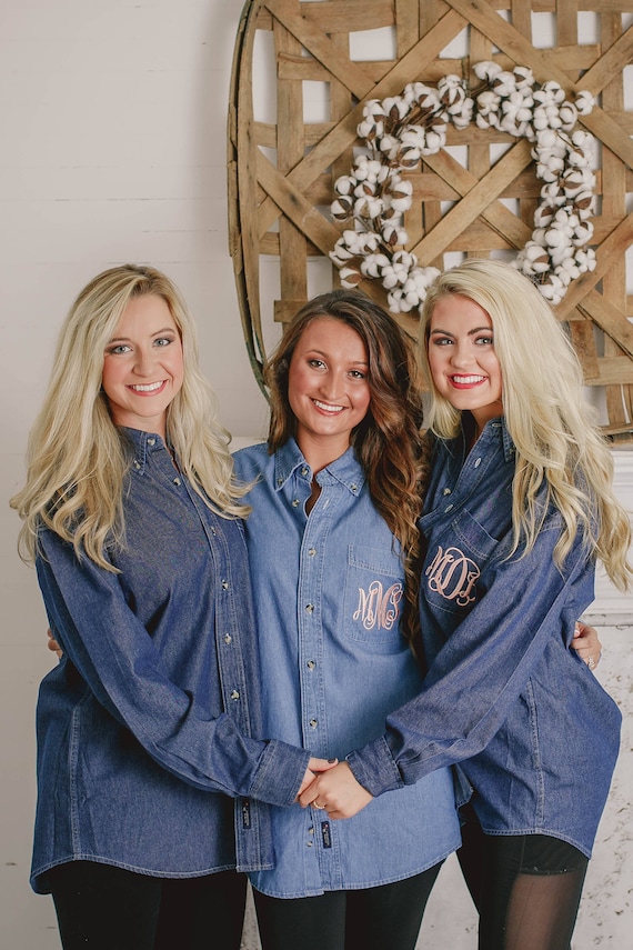 Bridesmaid Monogrammed Denim Shirt Chambray Button Down Bridesmaid Gift  Bride Getting Ready Shirt A3 