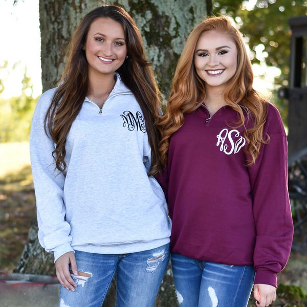 Quarter Zip Monogrammed Sweatshirt ~ 1/4 Zip Monogram Pullover Sweater ~ Gift for Her ~ Gift Under 30