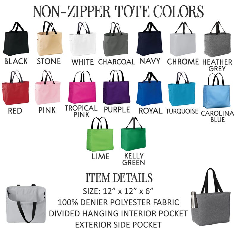 a variety of non-zipper tote bag colors and item details, including sizes, materials, and features.