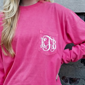 Comfort Colors Long Sleeve Monogrammed Pocket Tee Shirt (MG003)