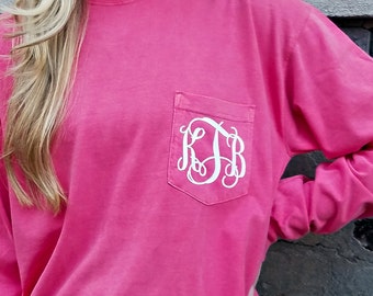 Comfort Colors Long Sleeve Monogrammed Pocket Tee Shirt (MG003)