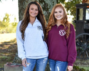 Quarter Zip Monogrammed Sweatshirt ~ 1/4 Zip Monogram Pullover Sweater ~ Gift for Her ~ Gift Under 30 (MG003)