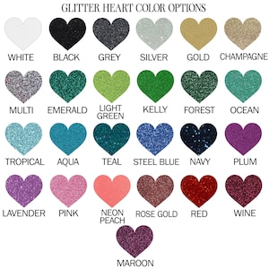 a collection of 16 glitter heart colors, each with a unique color name, arranged in a grid format.