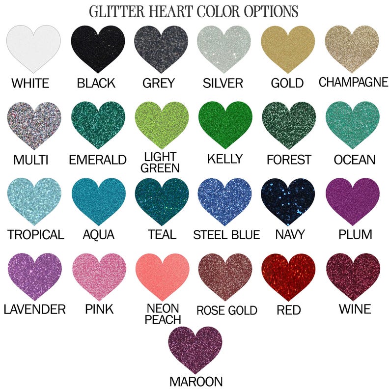 a collection of 16 glitter heart colors, each with a unique color name, arranged in a grid format.