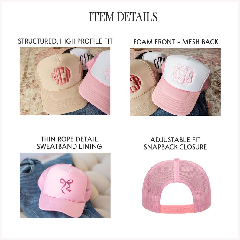 a pink and white hat with a monogrammed hat on it