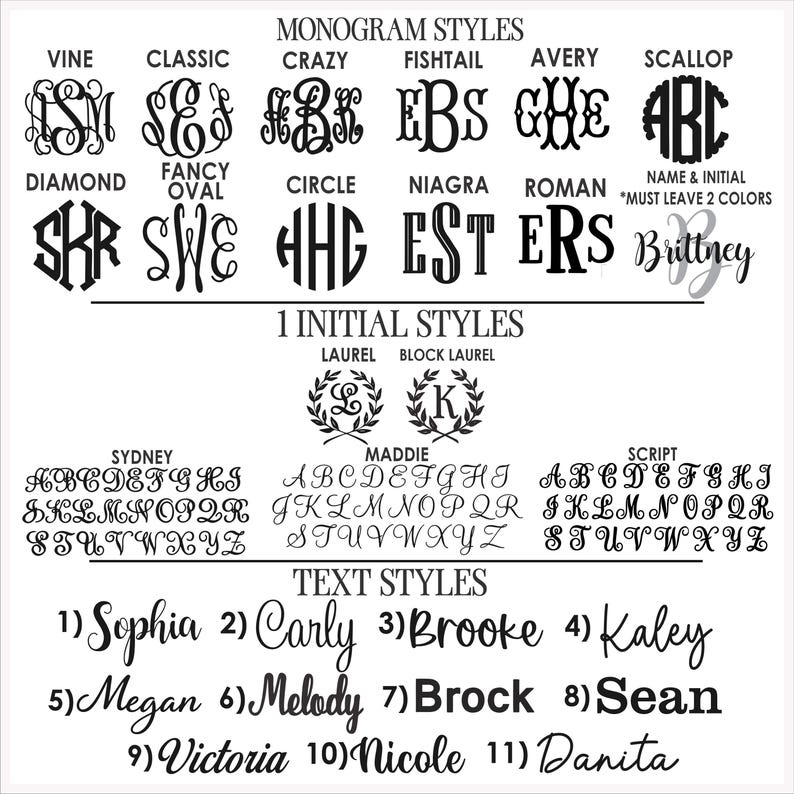 K&ouml;nnte beinhalten: Eine schwarz-wei&szlig;e &Uuml;bersicht mit verschiedenen Schriftarten zur Personalisierung. Sie enth&auml;lt Abschnitte f&uuml;r Monogramm-Stile, Initialen-Stile und Text-Stile, die Alphabete sowie Namen wie Sophia, Carly und Brooke in verschiedenen Schriftbildern zeigen.