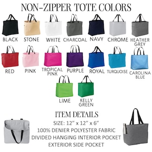 a variety of non-zipper tote bag colors and item details, including sizes, materials, and features.