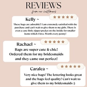 May include: Image featuring customer reviews for bags. The reviews are displayed in white text boxes with star ratings. The text includes positive feedback about the bags' appearance, quality, and features.