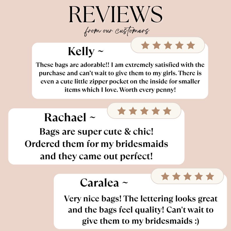May include: Image featuring customer reviews for bags. The reviews are displayed in white text boxes with star ratings. The text includes positive feedback about the bags' appearance, quality, and features.