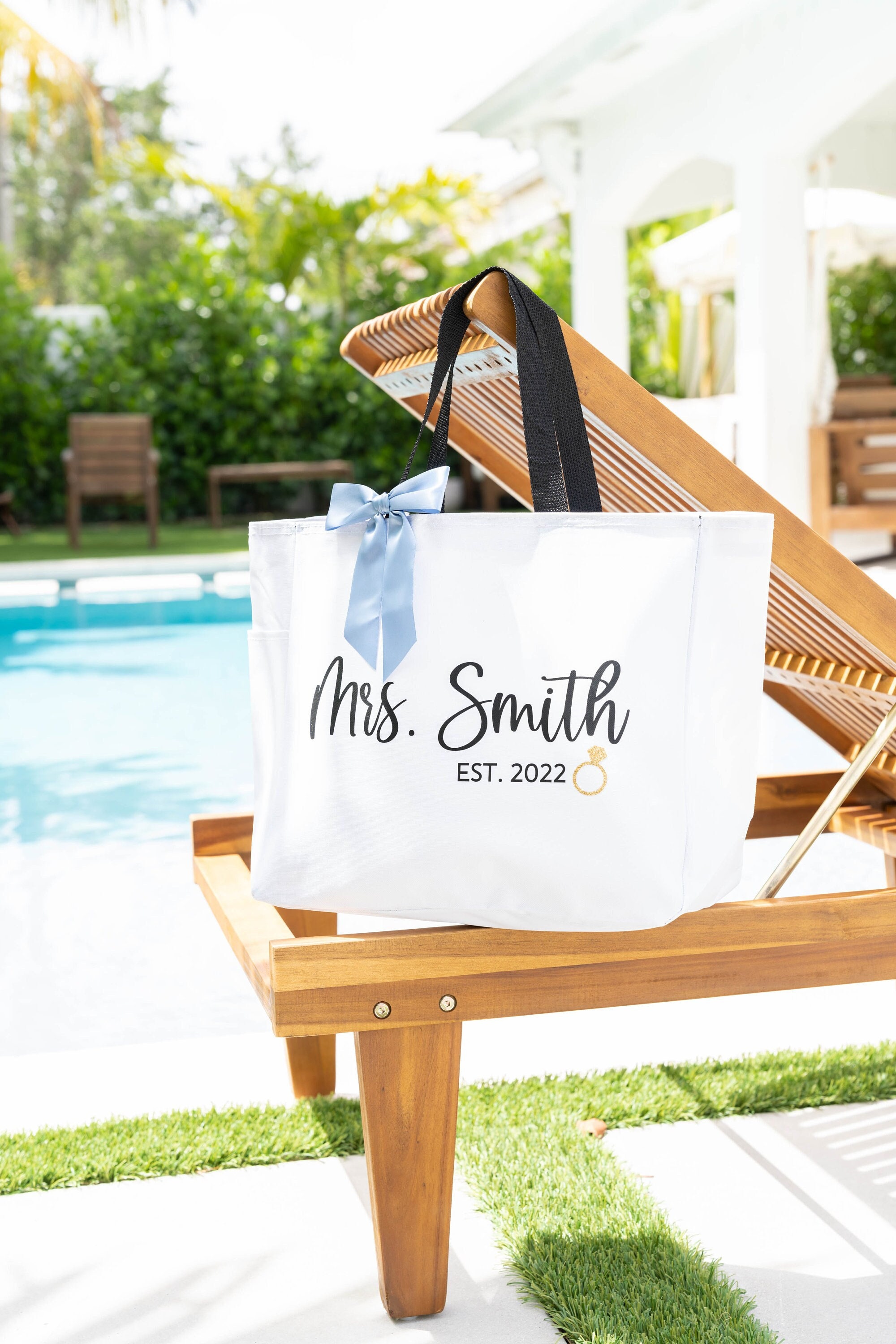 Modern Mr. & Mrs. Personalized Beach Tote Bag for Honeymoon