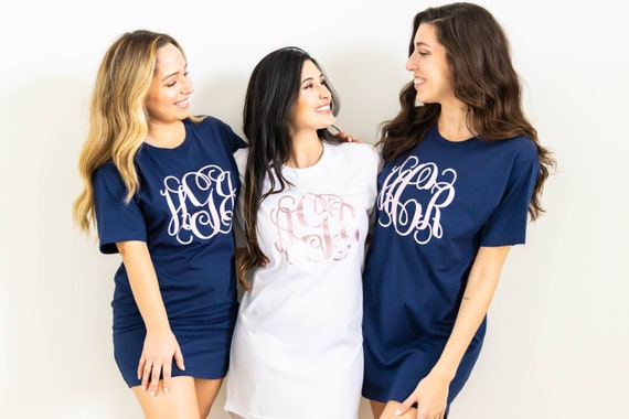 Monogrammed Pajamas, Bridesmaid Pajama Shirts, T Shirt Dress, Bridesmaids  Gifts (B22) (MG001)