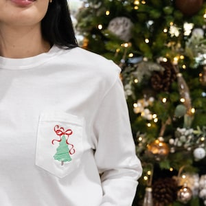 Christmas Tree Shirt Comfort Colors Embroidered Long Sleeve Christmas Shirt Pocket Tee Christmas Shirts for Women