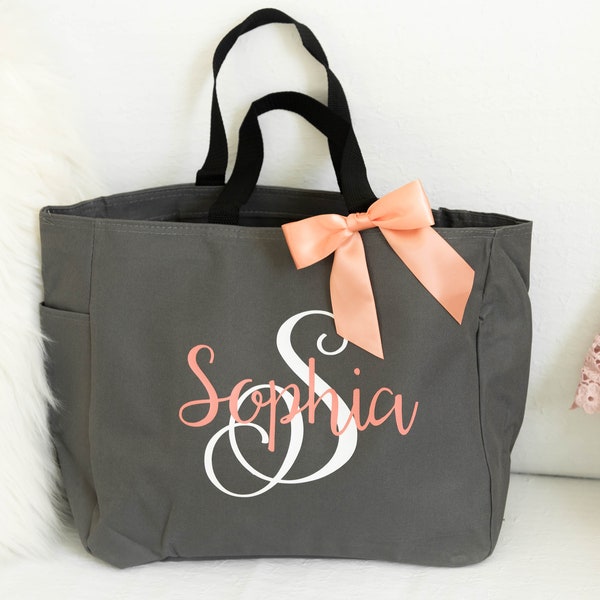 Bridesmaid Totes, Maid of Honor Gift, Bridesmaid Tote Bags with Zipper, Monogram Tote Bag Bridesmaid Gifts