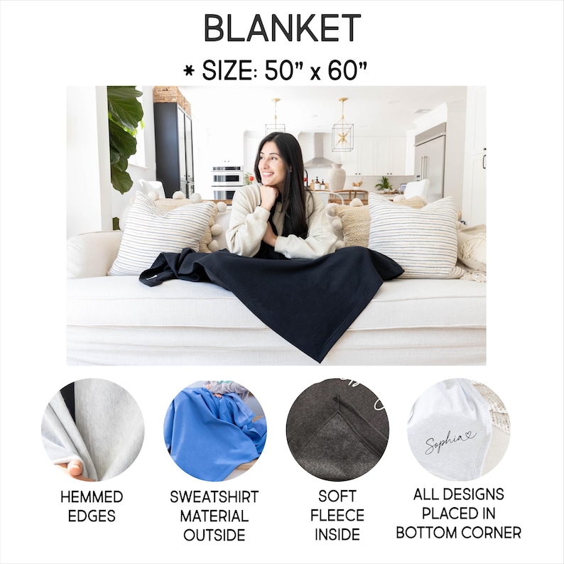 May include: A black blanket measuring 50 inches by 60 inches. The blanket features hemmed edges, a sweatshirt material exterior, a soft fleece interior, and a custom name design placed in the bottom corner of the fabric.