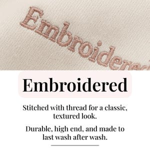 a close-up of a fabric with the word "Embroidered" stitched with thread, giving it a classic, textured look. The text describes the fabric as "Embroidered" and highlights its characteristics, such as being "Stitched with thread for a classic, textured look," "Durable, high end, and made to last wash after wash."