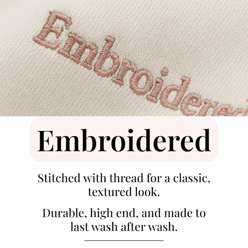 a close-up of a fabric with the word "Embroidered" stitched with thread, giving it a classic, textured look. The text describes the fabric as "Embroidered" and highlights its characteristics, such as being "Stitched with thread for a classic, textured look," "Durable, high end, and made to last wash after wash."