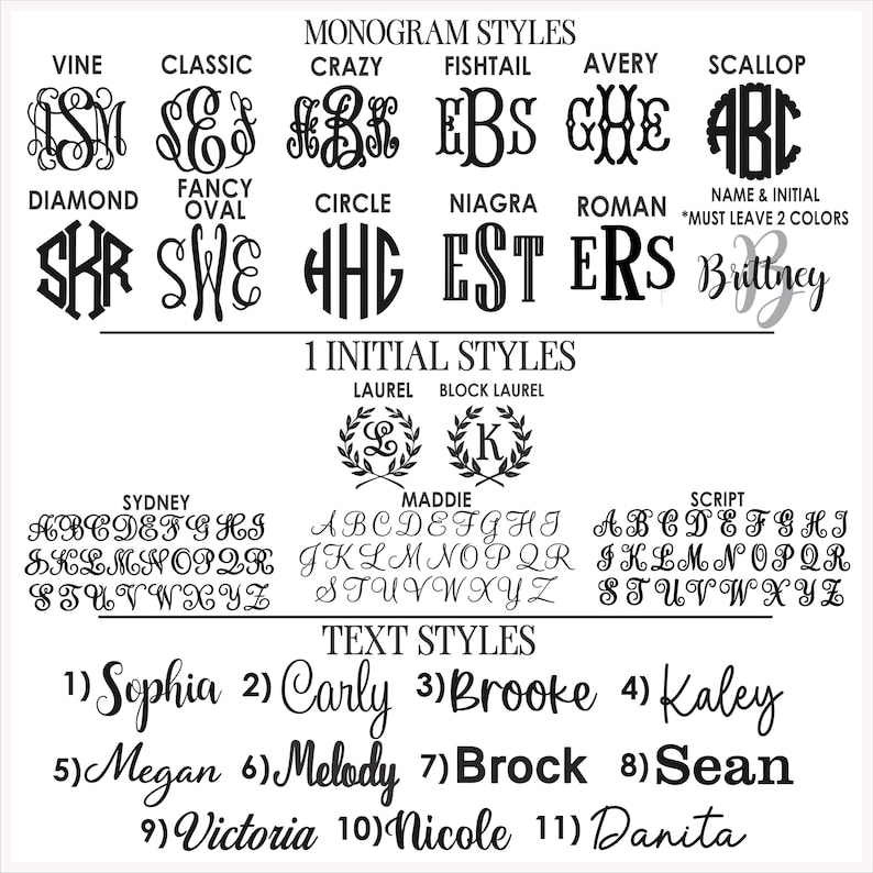 Puede incluir: Una tabla en blanco y negro que muestra varias opciones de fuentes para personalizaci&oacute;n. Incluye secciones para estilos de monogramas, estilos de iniciales y estilos de texto, con alfabetos y nombres como Sophia, Carly y Brooke en diversas tipograf&iacute;as.