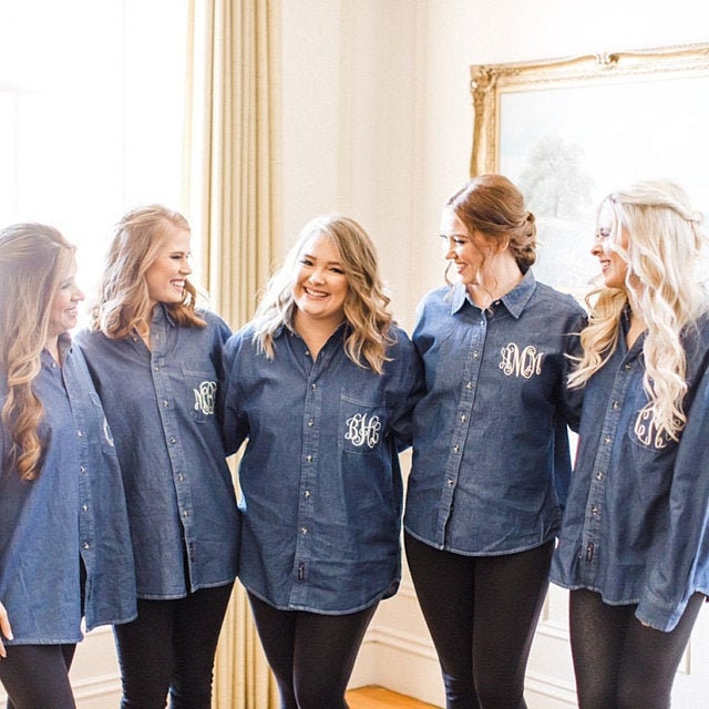 TheSouthernPostShop Monogram Denim Button Down -- Embroidered, Bridal Party, Shacket