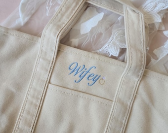 Wifey Bag, Bride Honeymoon Beach Bag, Canvas Tote Bag Embroidered, Bridal Tote, Engagement Gift for Bride to Be