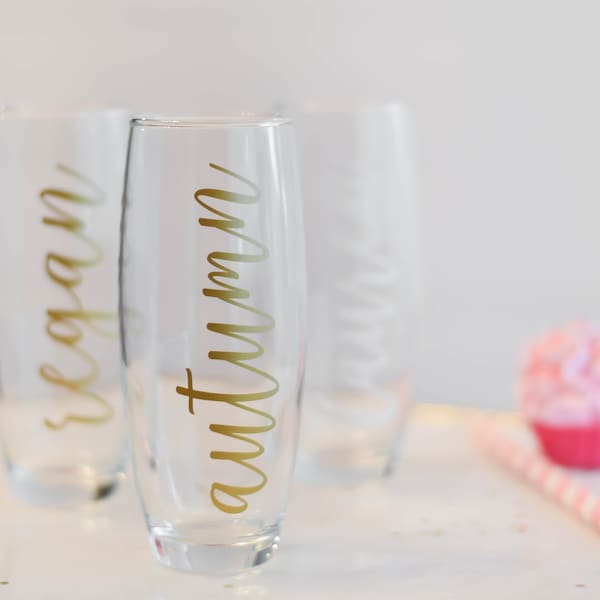 Bridesmaid Gifts, Personalized Stemless Glasses, Bridesmaid Champagne Flutes, Personalized Champagne Flute (BR061) PB02