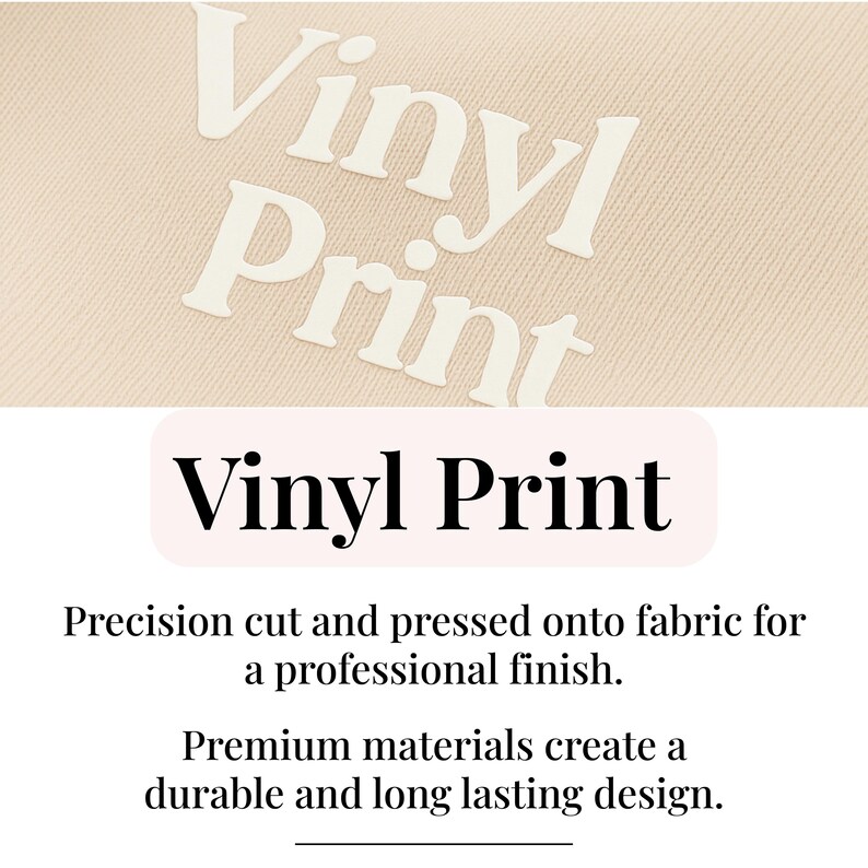 a close-up of a fabric with the word "Vinyl Print" printed on it, along with text describing the process of creating a professional finish using precision cut and pressed materials.