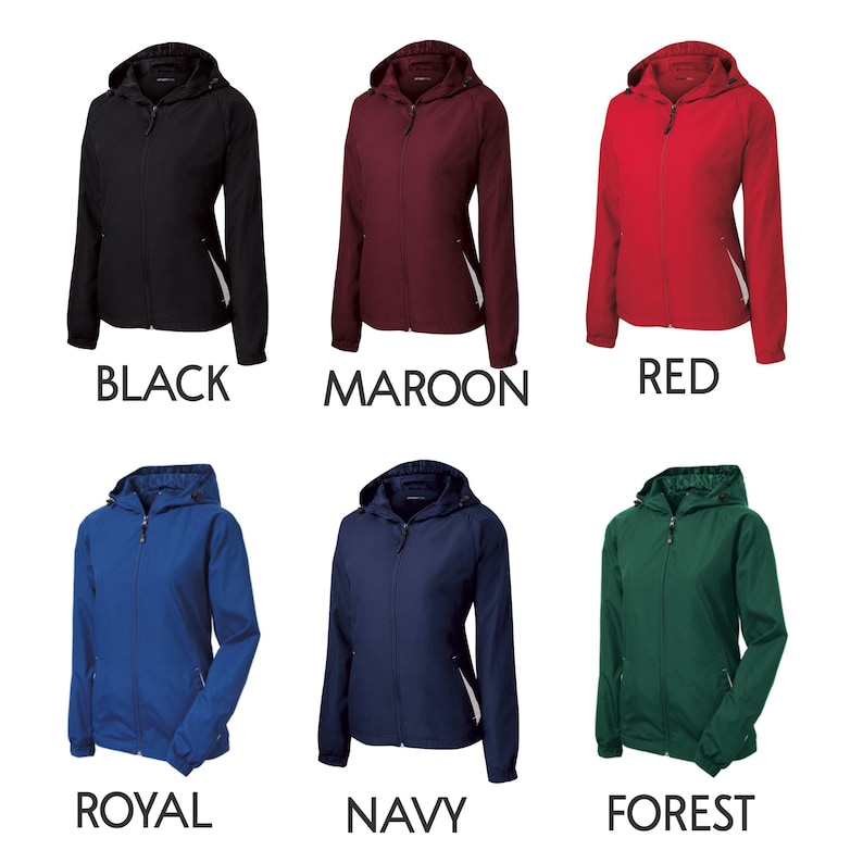 May include: Six hooded zip-up jackets in black, maroon, red, royal blue, navy blue, and forest green. Each jacket features a front zipper, long sleeves with elastic cuffs, a hood, and a small white accent detail near the lower side pockets.