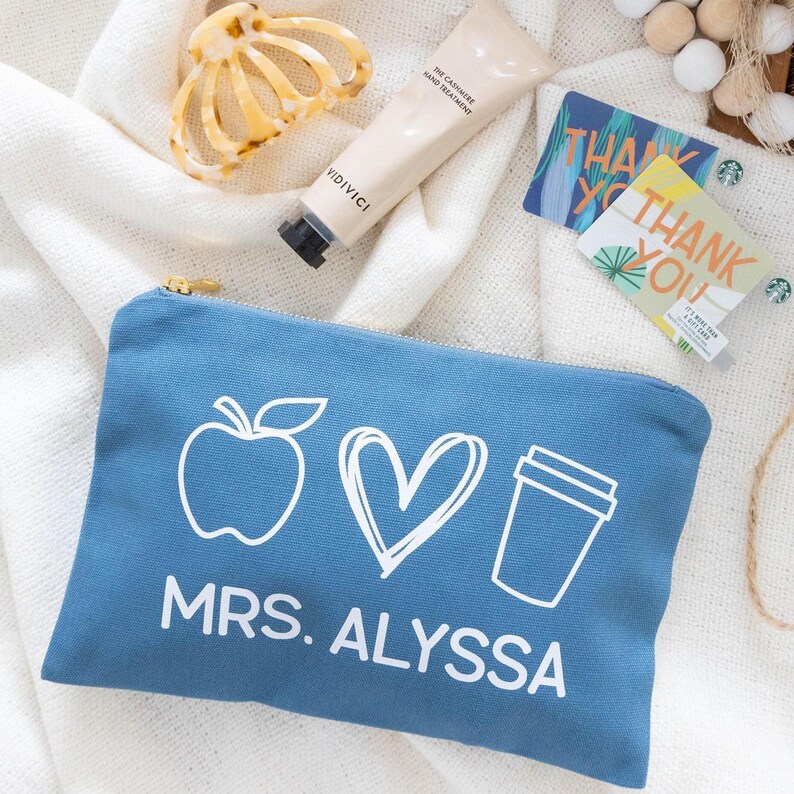Teacher zippered cosmetic bag makeup pouch with personalized name, apple, heart, and coffee cup