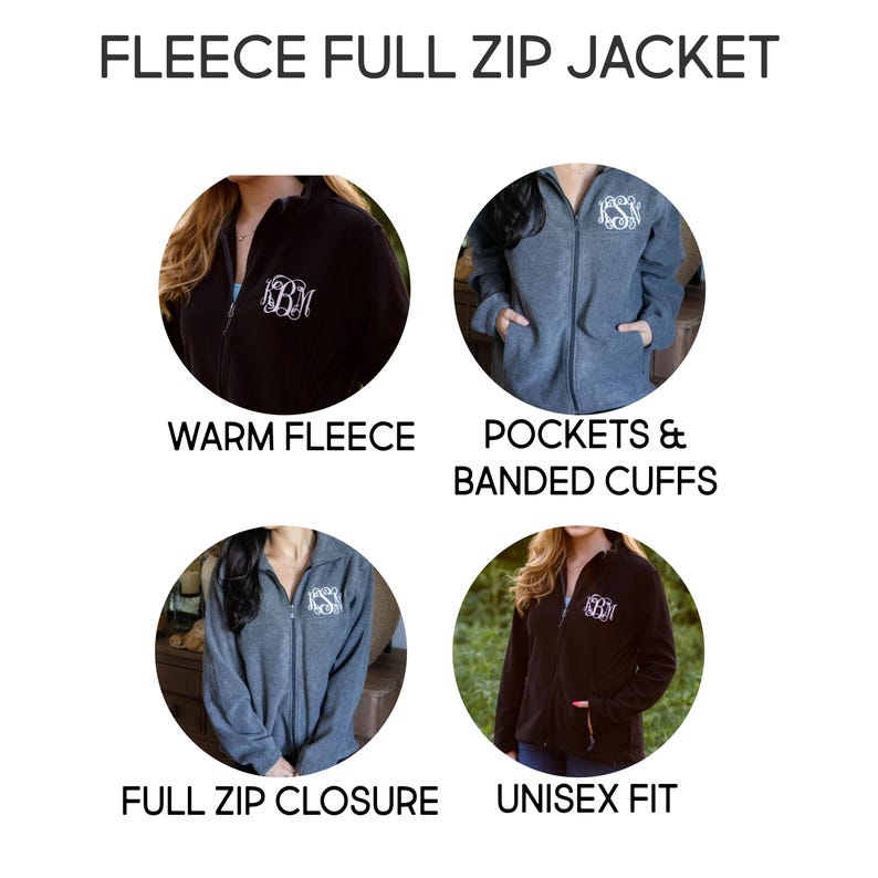 May include: A fleece full zip jacket featuring a monogram on the chest. The image displays four circular views of the jacket in black and gray, highlighting features like pockets, banded cuffs, and a full zip closure with text labels.