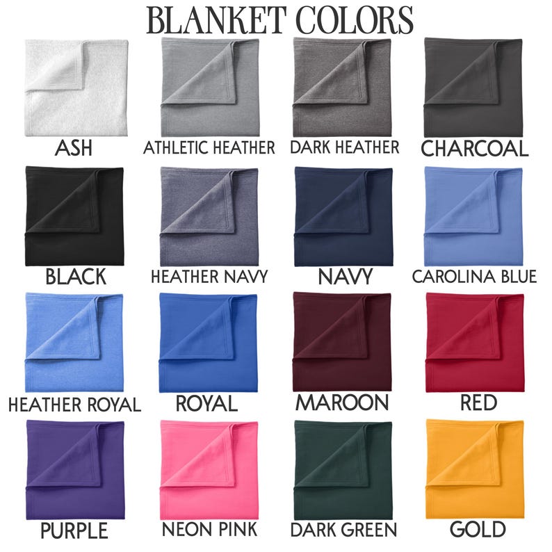a collection of blanket colors, each labeled with a different description. The blankets are arranged in a grid format, with four rows and three columns. The colors include ash, athletic heather, charcoal, navy, black, heather navy, navy, carolina blue, black, heather royal, royal, maroon, red, and gold.