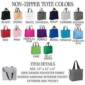 a variety of non-zipper tote bag colors and item details, including sizes, materials, and features.