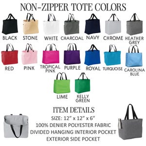a variety of non-zipper tote bag colors and item details, including sizes, materials, and features.