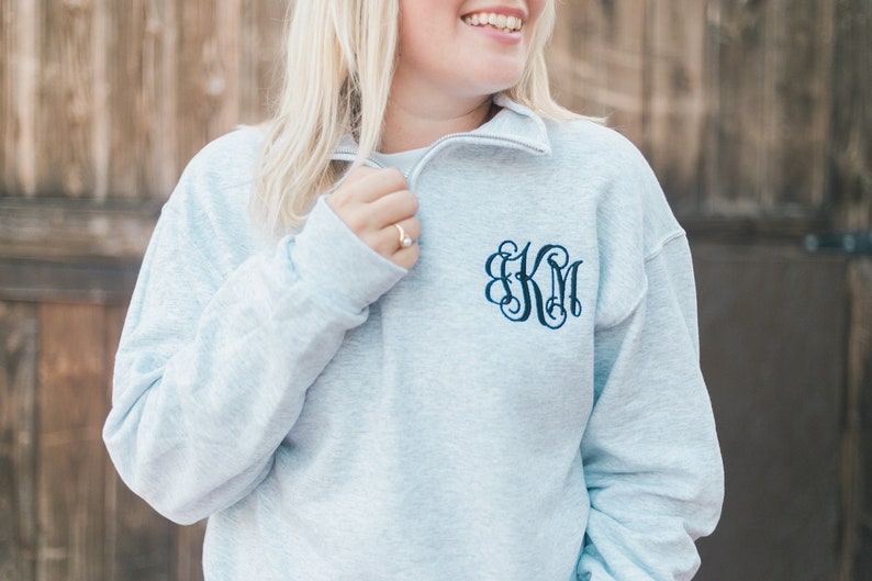 Monogram Quarter Zip Pullover Sweatshirt, Christmas Gift for Her image 1