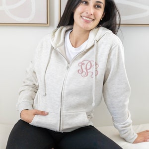 Monogrammed Jacket Embroidered Hoodie Jacket Personalized Full Zip Jacket Gifts for Her A20 image 1