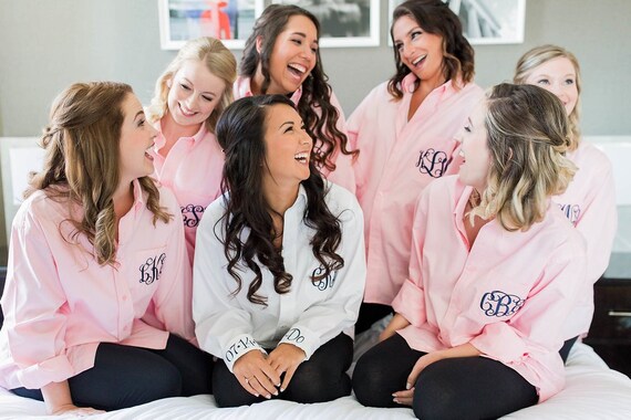 Set of 8 Bridesmaid Button Down Shirt Bride Oxford Getting Ready Gift Oversized Monogram Button up Shirt Etsy