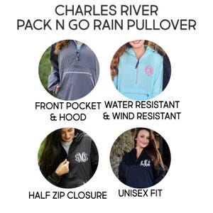 Puede incluir: Chaqueta impermeable Charles River Pack N Go con cierre de media cremallera, capucha y bolsillo frontal. La prenda resistente al agua y al viento se muestra en gris, azul claro y negro con detalles de monograma bordados en el pecho.