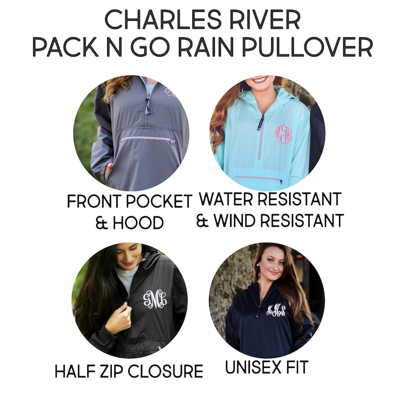 Puede incluir: Chaqueta impermeable Charles River Pack N Go con cierre de media cremallera, capucha y bolsillo frontal. La prenda resistente al agua y al viento se muestra en gris, azul claro y negro con detalles de monograma bordados en el pecho.