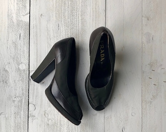 PRADA Leather Heels | Brown Textile Shoes | Peep Toe Platforms EU 39