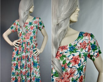 Monsoon Floral Dress | 80s Scoop Back Frock | Full Skirt Dress