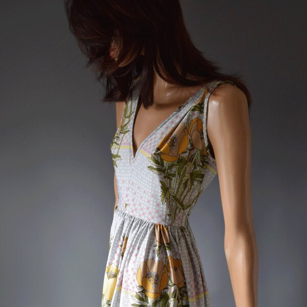 Reserved for Denika - Pastel Bouquet John Bates for Jean Varon Vintage 1970s Plunging Maxi Summer Dress