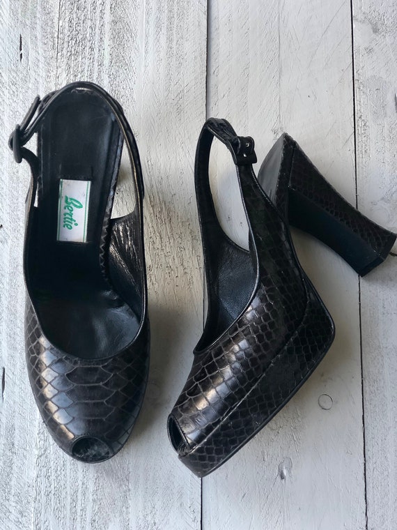 Bertie Leather Peep Toes 90s Brown Sandals Mock Crock Heels UK5
